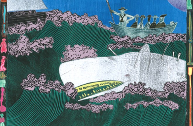 Una delle ilustrazioni di Randall Enos in "Mocha Dick: The Legend and the Fury" presa da Brain Pickings