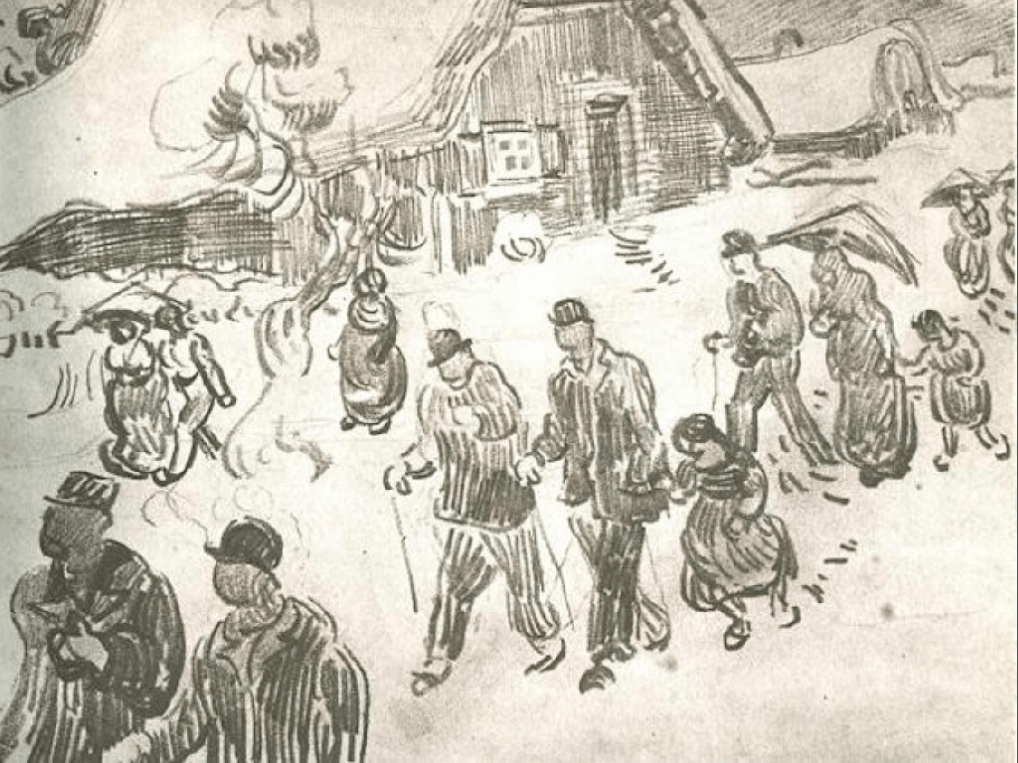 Vincent van Gogh, People Walking in Front of Snow-Covered Cottage (1890)
