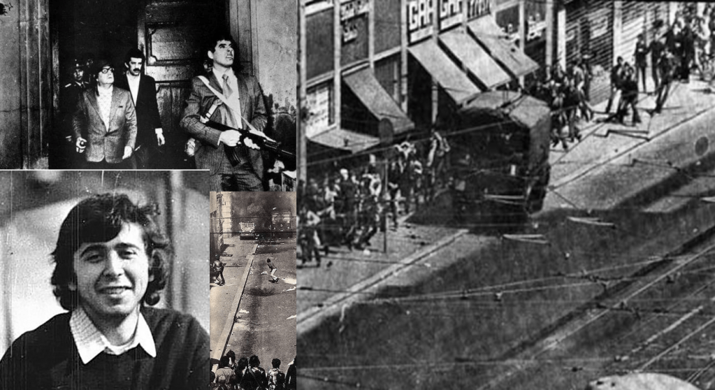 Nell'immagine, Allende e i suoi collaboratori durante l'attacco dell'esercito alla Mondea, 11 settembre 1972; Claudio Varalli, assassinato da un giovane neofascista il 16 aprile del 1975 in Piazza Cavour a Milano; una scena delle manifestazioni del giorno successivo: un giovane operaio, Giannino Zibecchi venne ucciso da un blindato dei Carabinieri salito sul marciapiede in Corso XXII marzo.