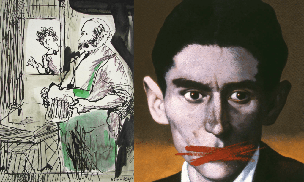 Immagine: Aydin Aghdashloo, "Il processo", 1989 (Wikiart, fair use); Maria Bozoky, "Il castello", 1975 (Wikiart)