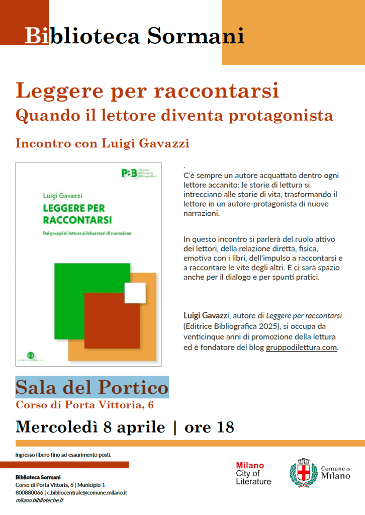 Leggere per raccontarsi, Biblioteca Sormani di Milano, 8 aprile 2026, ore 18, sala del Portico.